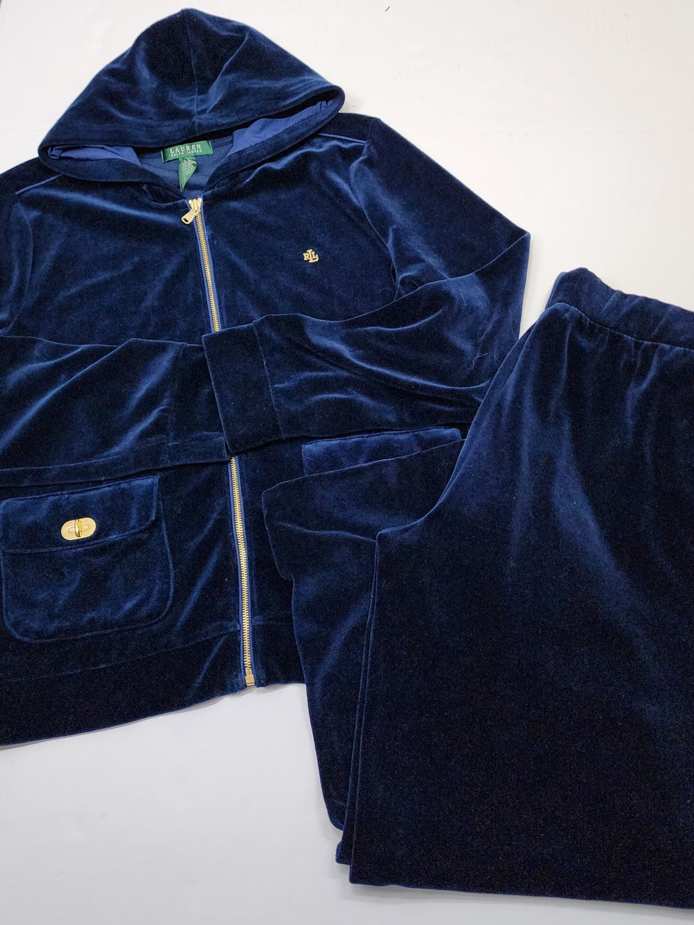 Lauren Ralph Lauren Tracksuit Jacket Pants Womens XL Vintage Navy Velour Velvet